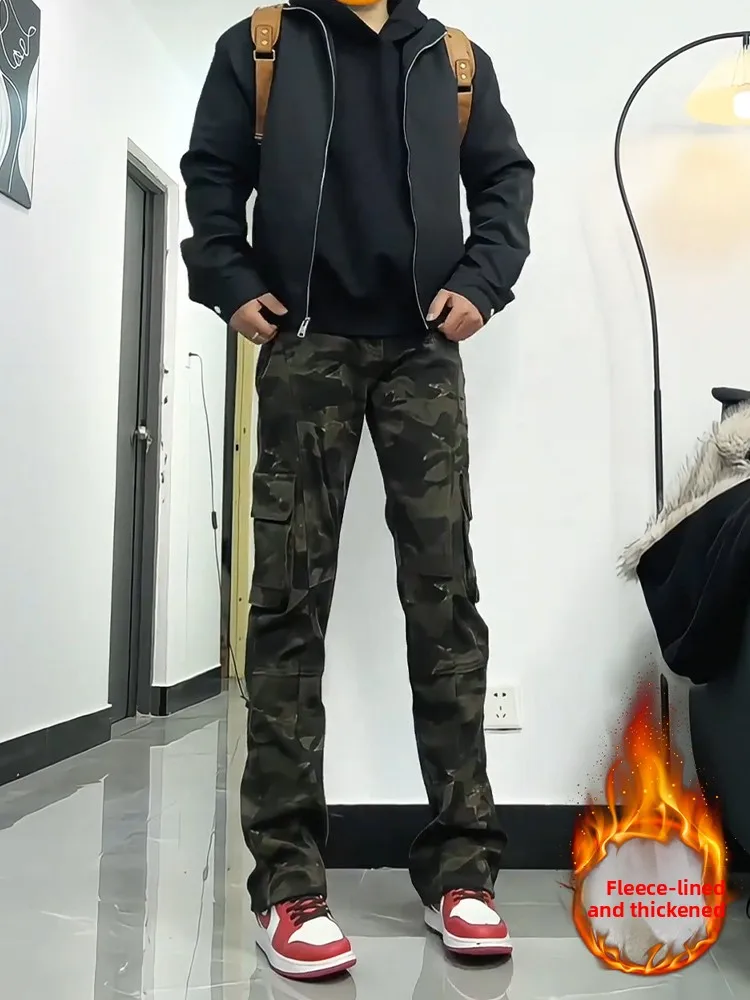 

Американские камуфляжные рабочие джинсы для мужчин, зимние, на флисе, прямого кроя, зауженные, расклешенные, молодежные, повседневные