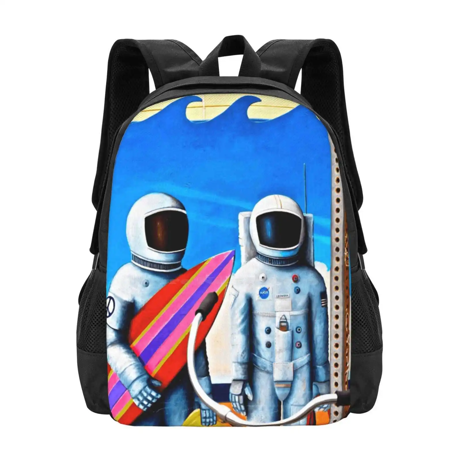 Land , Sea & Sky Bag Backpack For Men Women Girls Teenage Surfboard Waves Ocean Blue Wall Graffiti Street Art Urban Art Bike