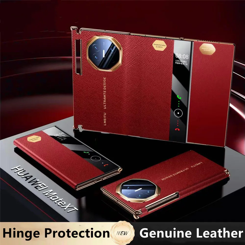 

Premium Natural Cowhide Leather Flip Case for Huawei Mate XT Window View Full Cover
