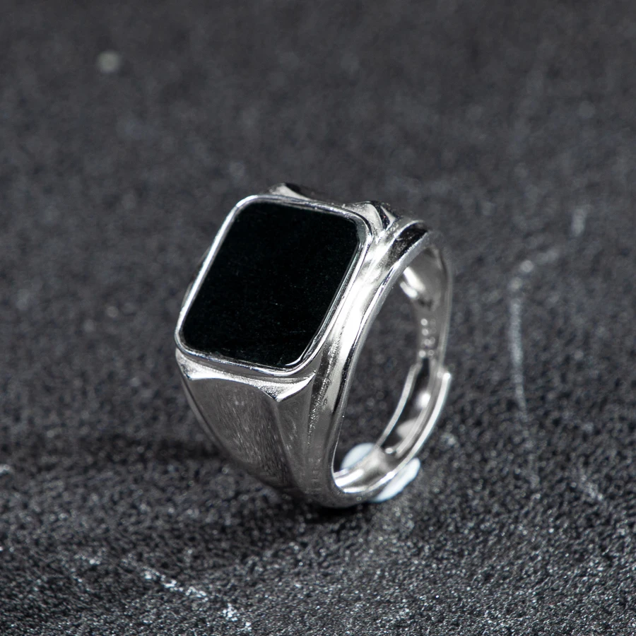 

TIMESWIND Authentic Natural Jade Black Square Ice Transparent Jewelry S925 Open Men Ring with Certificate