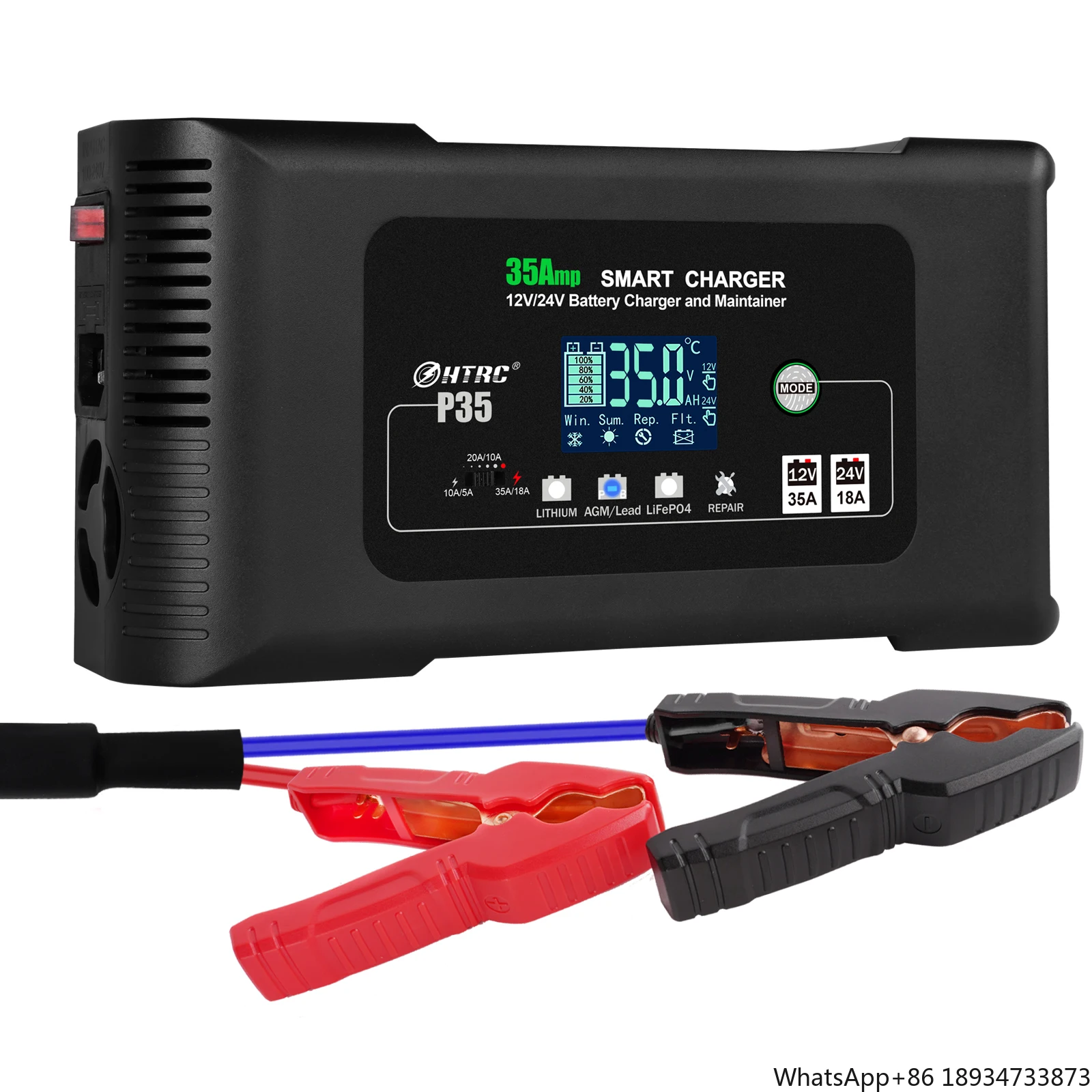 HTRC P35 Fully Automatic Pulse Repair Car Battery Charger 12V/35A 24V/18A Compatible Pb Lifepo4 Lead-Acid Batteries PD Function