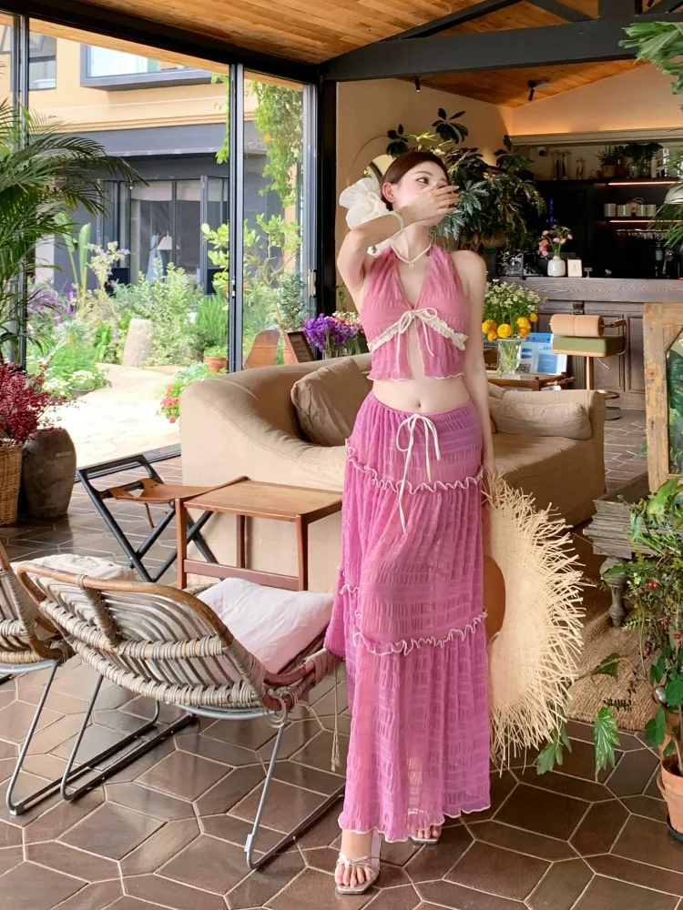 Sexy Pink Bikini Set Vacation Island Three-piece Hanging Neck Strapless Swimwear Sweet Fairy Tale Style Long Dress Beach Holiday