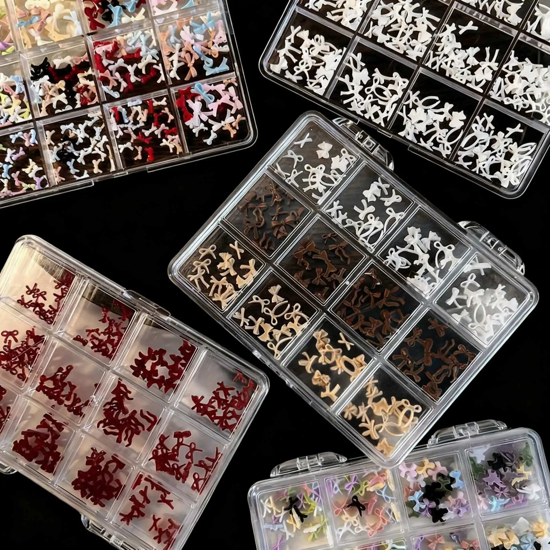 1 Box 12 Grids Mixed 3D Resin Bow Nail Charms, Mead Color Bowknot Nail Ornaments for DIY Manicure Nail Art Decor Accessories