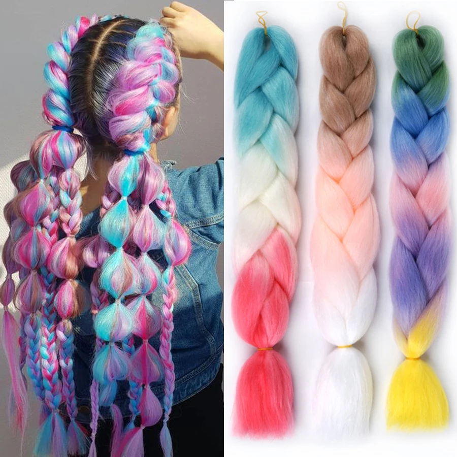 Extensões de cabelo trançado sintético ombre para mulheres e meninas, tranças jumbo, rosa, preto, azul, tom, tranças torcidas, caixa, 24 ", 100g