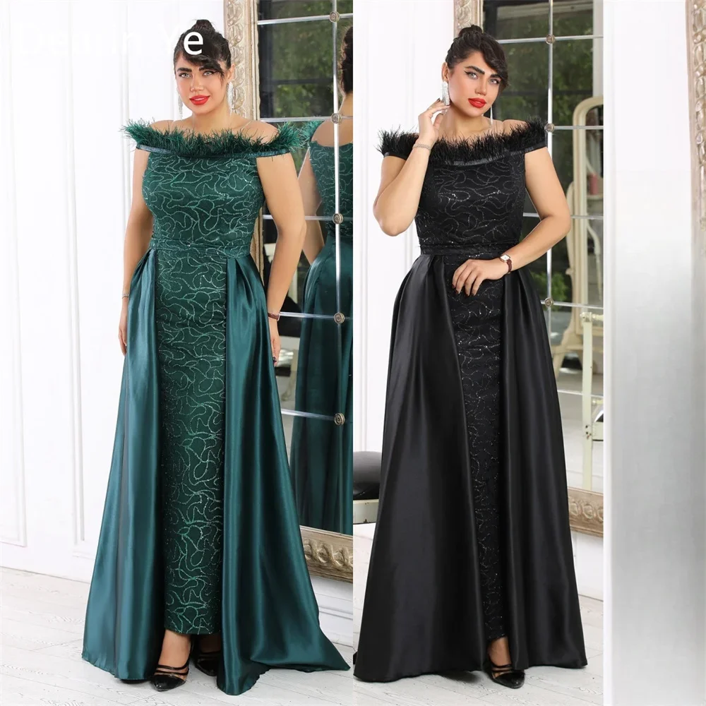 

Customized Prom Gown Saudi Arabia Formal Dearin Off-the-shoulder Column Floor Length Skirts Beading Bead Embroidery Feather Besp