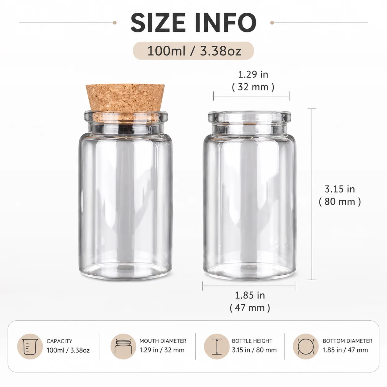 2PCS 100ml Glass Bottles with Cork Candy Spice Jars for Art Crafts Wedding Favors view 2