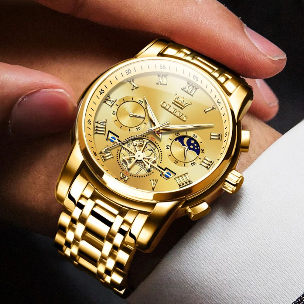 Olevs Maan Fasen Heren Horloges Top Luxe Merk Sport Waterdicht Horloge Mannen Goud Roestvrij Staal Quartz Klok Datum Polshorloges