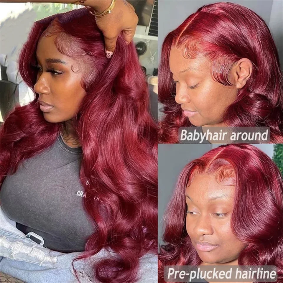 Dark 99j Glueless 13X4 Lace Frontal Body Wave Wig Ombre Red Colored 13X6 Lace Front Human Hair Wigs Preplucked Brazilian Hair