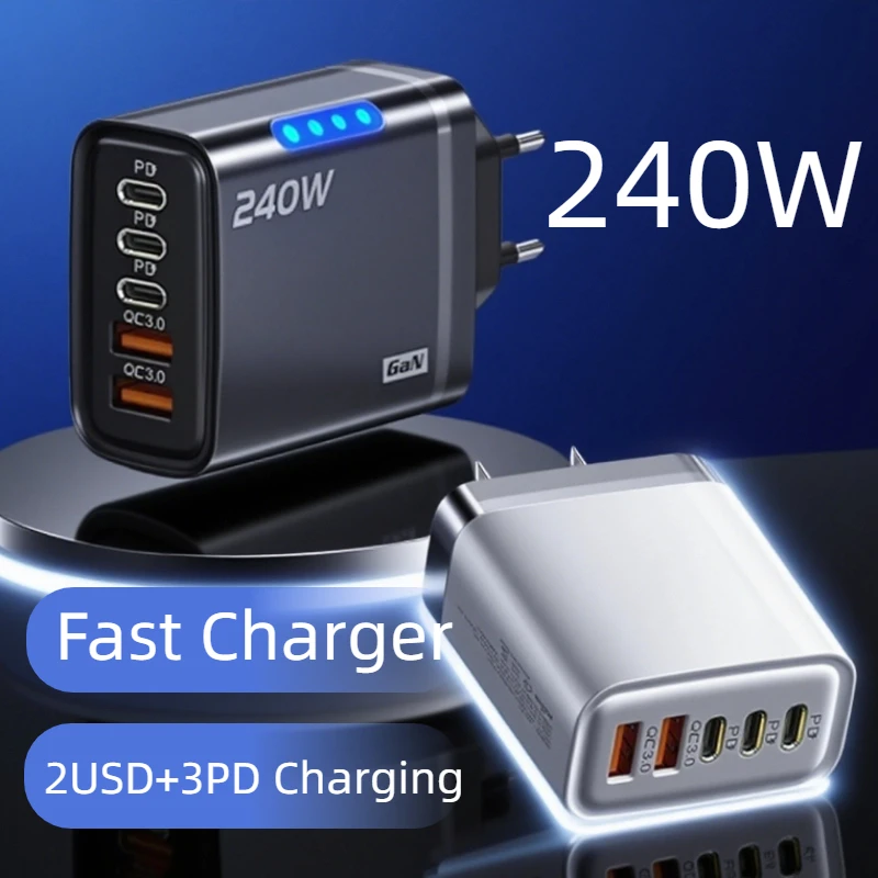 

240 Вт с подсветкой, 3pd, двойное зарядное устройство USB, интеллектуальная головка для быстрой зарядки, адаптер типа C, сверхбыстрый зарядный кабель для ноутбука, телефона