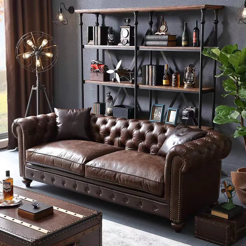 Retro style buckle sofa, medieval cigar bar, whiskey multi-person sofa, coffee shop straight sofa