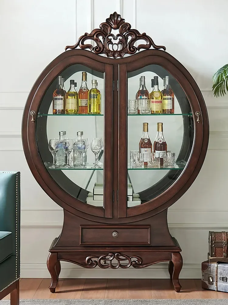 b24 American pure solid wood carving flower retro high-end living room storage glass tea cabinet