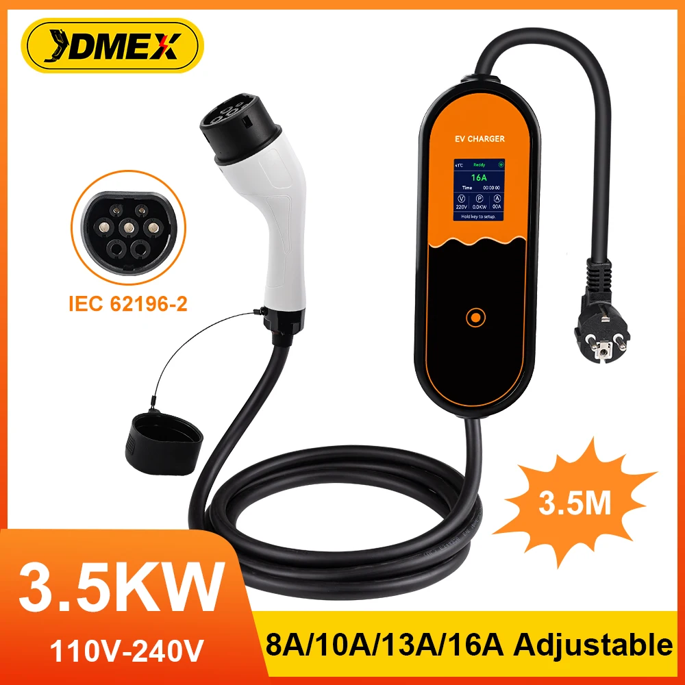 JDMEX Type 2 Electric Car Charger 3.5kW 16A Portable EV Charger 220V EU Plug Charging Cable IEC 62196-2 EVSE Charging 1Phase