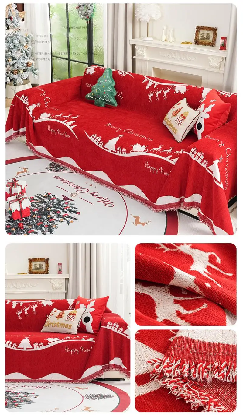 Weihnachts-Sofabezug-Decke, Festliche Wohnzimmer-Dekoration, Rote Beidseitige Wiederverwendbare Sofabezüge aus Stoff – Detail 8
