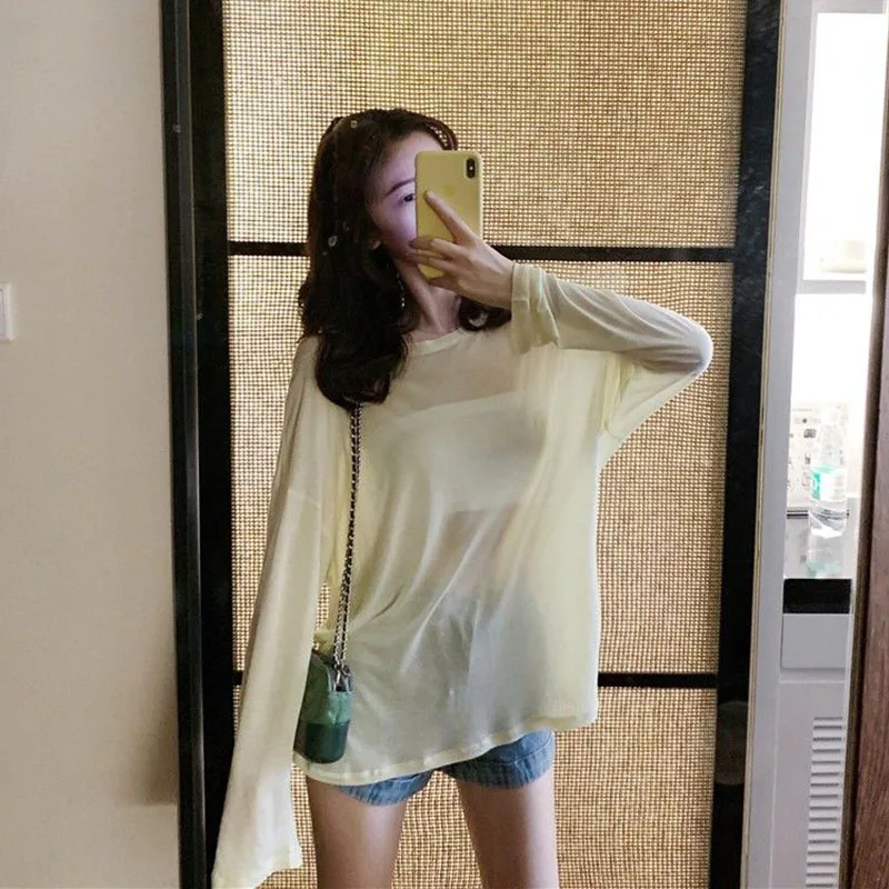 Summer Thin Long Sleeve T Shirt for Women Candy Colors Ice Silk See Through Sun Protection Shirts Woman Loose White Pullover