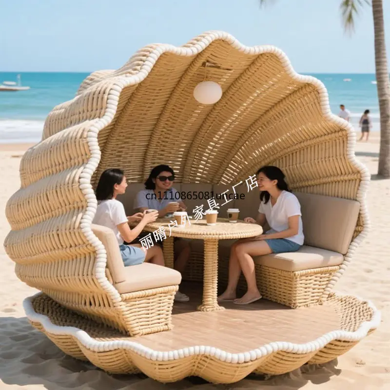 Outdoor Beach Rattan Conch Shape Table Chair Set Creative Leisure Furniture for Seaside Vacation Hot Sale Durable