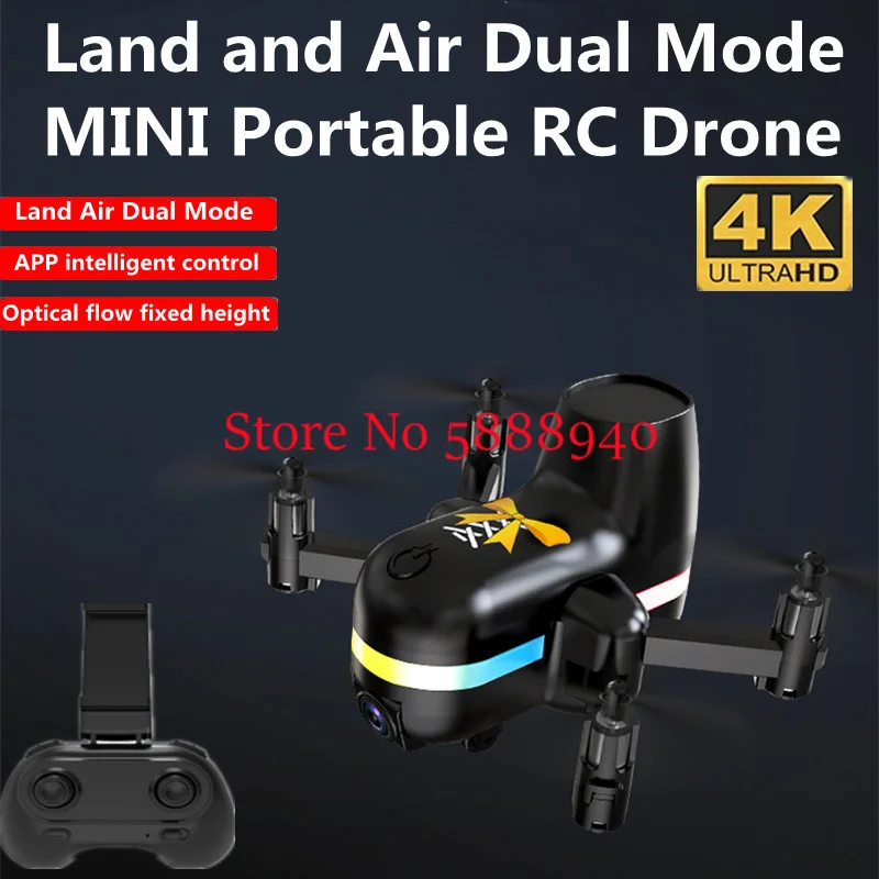 4K HD Dual Camera Mini Portable WIFI FPV Remote Control Helicopter 2.4G Land Air Dual Mode Optical Flow App Control RC Drone Toy