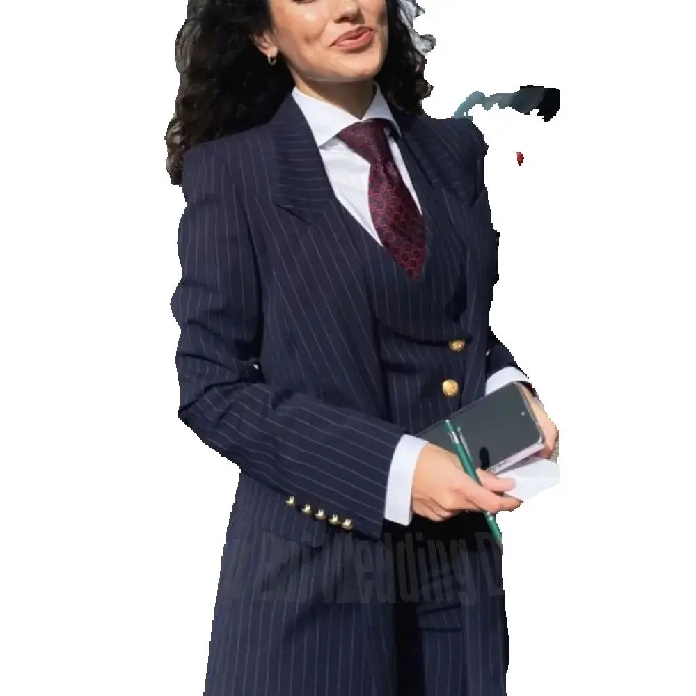 Navy Blue Striped Women's Suit Tailor-Made Professional Modern Peaked Lapel Office Work Lady Set Three Pieces(Jacket+Vest+Pants)