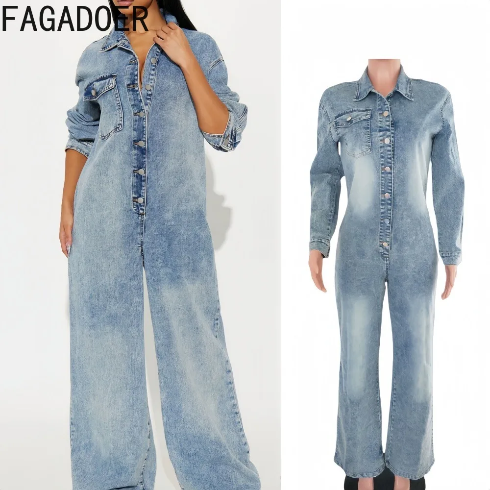 FAGADOER Fashion Blue Denim Jumpsuits for Women Solid Color Single Breasted Long Sleeves Rompers Female Streetwear Overalls New