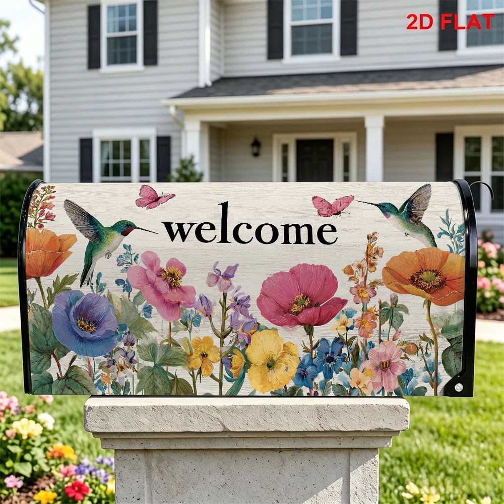 Welcome Mailbox Cover, Colorful Flowers Hummingbird Butterfly Print, Garden Decor