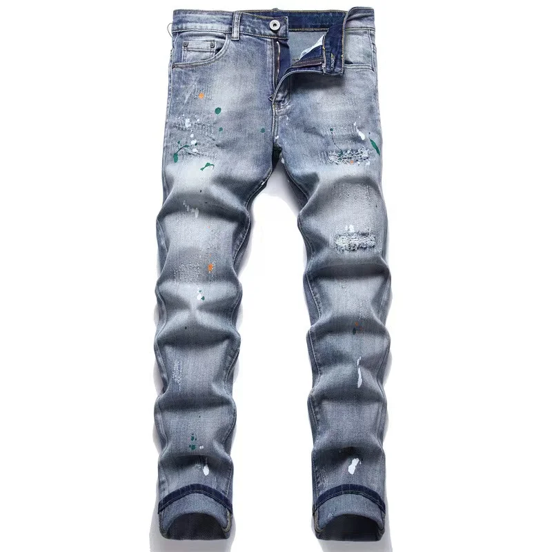 

EH·MD® Painted Jeans Men's Splashing Ink And Holes Scraped Leg Pants Cotton High Elasticity Slim Fit Color Dots Trendy Youth 023