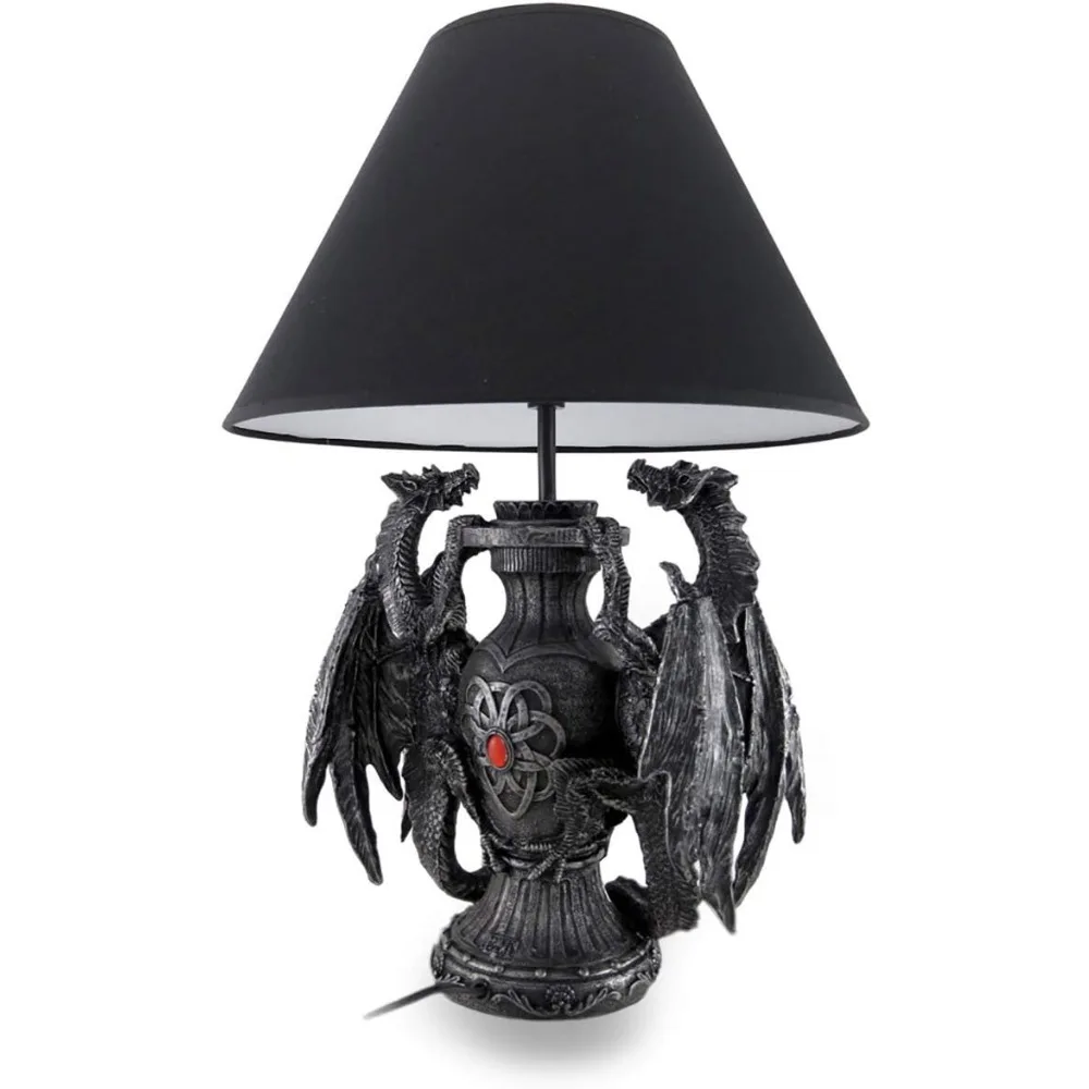 مصباح طاولة من الراتنج على شكل تنين من العصور الوسطى - طوله 19 بوصة - نمط خيالي داكن - تصميم قبلي من القماش الأسود - حراس الضوء القوطي