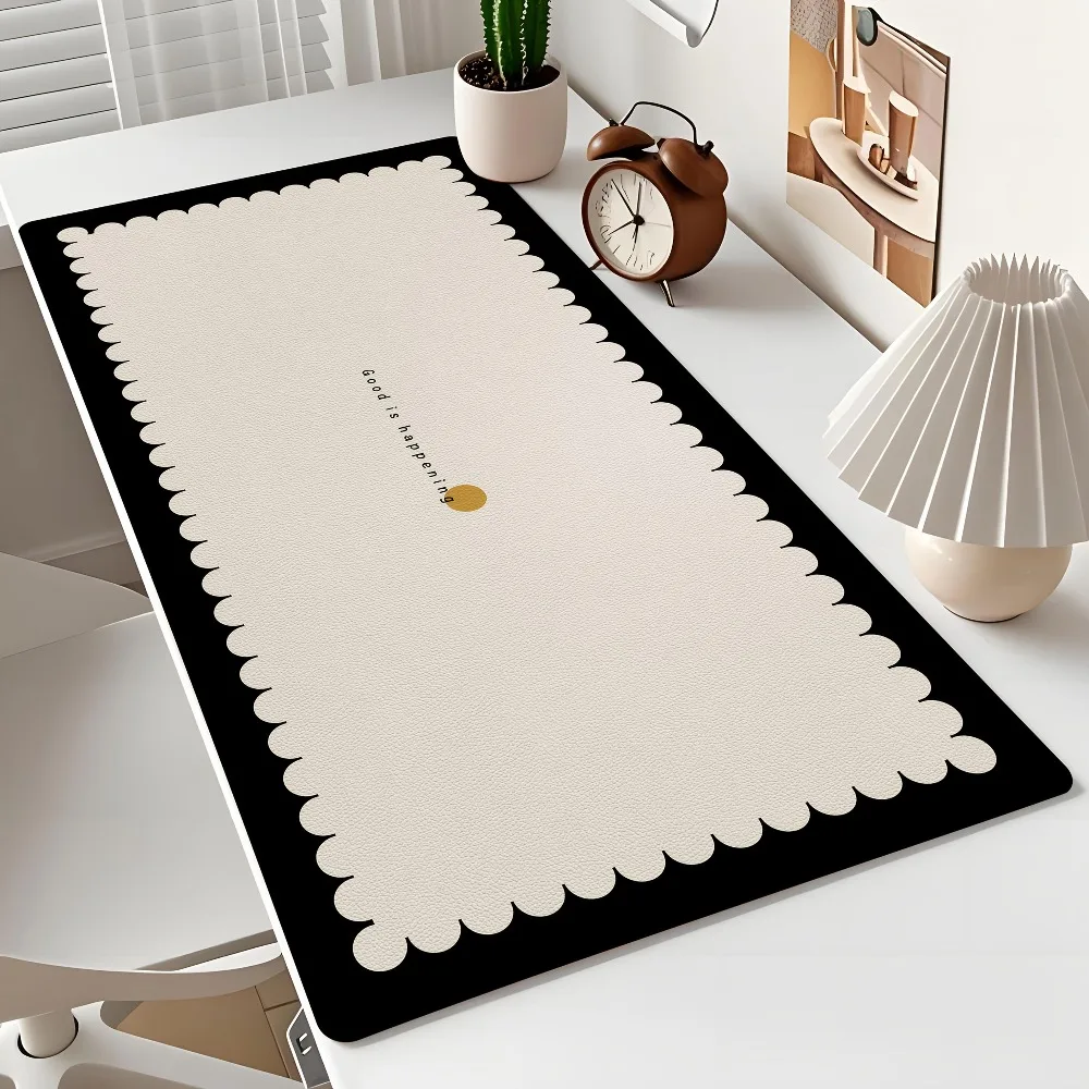 Minimalist Scalloped Edge Desk Mat - Black Beige Two-Tone Large Mouse Pad Non-Slip Waterproof Office Decor