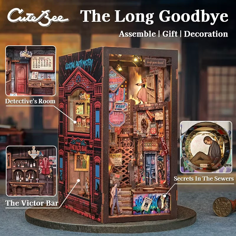 

CUTEBEE DIY Book Nook Kit Miniature Dollhouse with Light Dust Cover Detective Booknook for Craft Birthday Gift The Long Goodbye