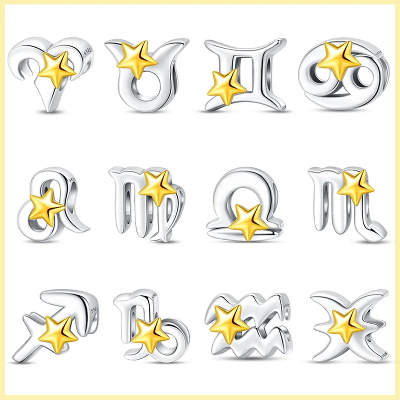 925 Sterling Silver Fashion Stars 12 Zodiac Signs Charms Beads Suitable for Pandora Original Bracelet DIY Jewelry Gift Making