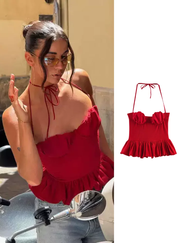 HH French Holiday Red Halter Peplum Camis Tie Neck Ruffle Bustier Crop Top Summer Resort Beach Party Business Street Outfit