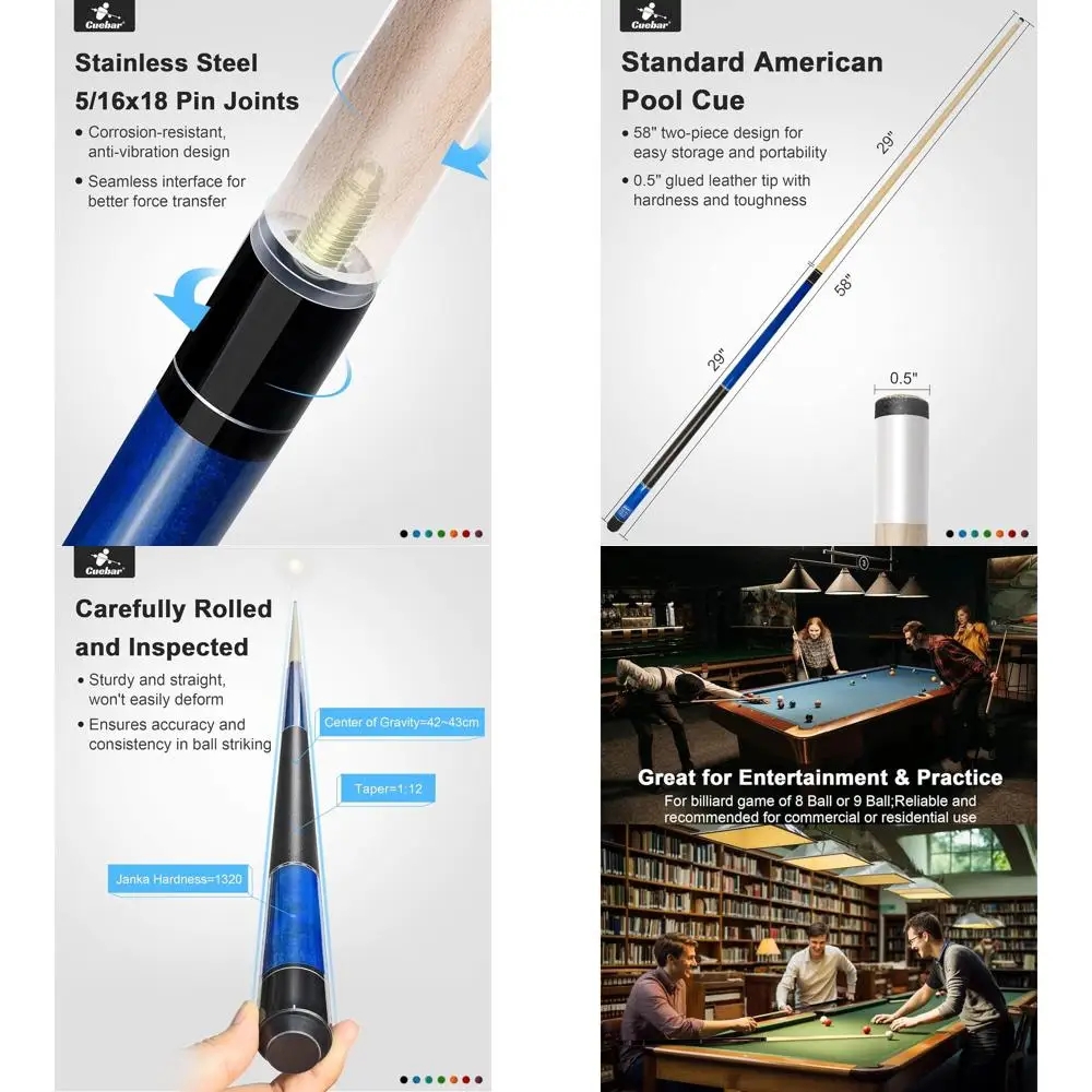 

Набор из двух кийных удилищ для пула (58 дюймов) с наконечниками 13 мм и рукоятками из искусственной кожи для взрослых – идеально подходит для игр дома или в баре