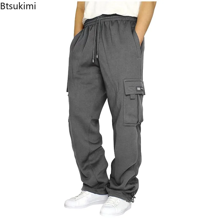 Autumn Winter Men's Fleece Warm Cargo Pants Loose Casual Sweatpants Solid Multi-pockets Drawstring Fitness Joggers Pants for Men