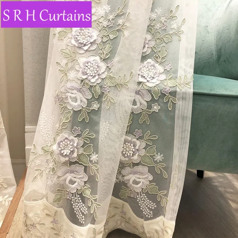 French Purple 3D Rose Flower Embossed Embroidery Curtains Bedroom Sheer Tulle Curtains For Living Room Balcony Window Drapes