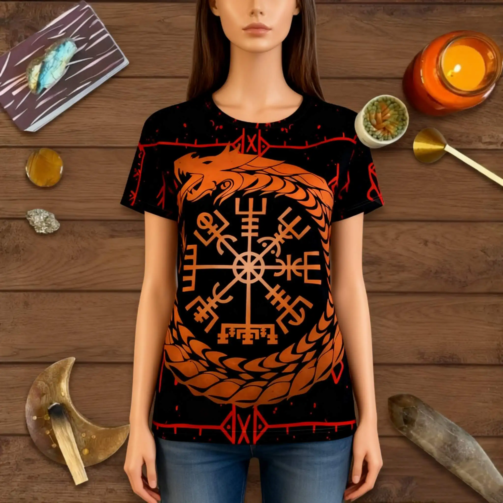 เสื้อยืดลายเรขาคณิตจักรวาลสำหรับผู้หญิง—ลายพิมพ์โหราศาสตร์ลึกลับพร้อมลวดลายดวงจันทร์และดวงดาวสำหรับแฟชั่นโบโฮลึกลับ