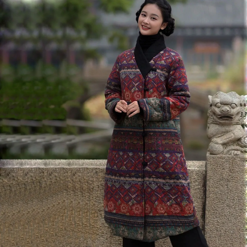

Хлопково-льняная куртка Hanfu с принтом в этническом стиле и перекрестным воротником, женское винтажное стеганое толстое свободное длинное пальто с хлопковой подкладкой и пряжкой
