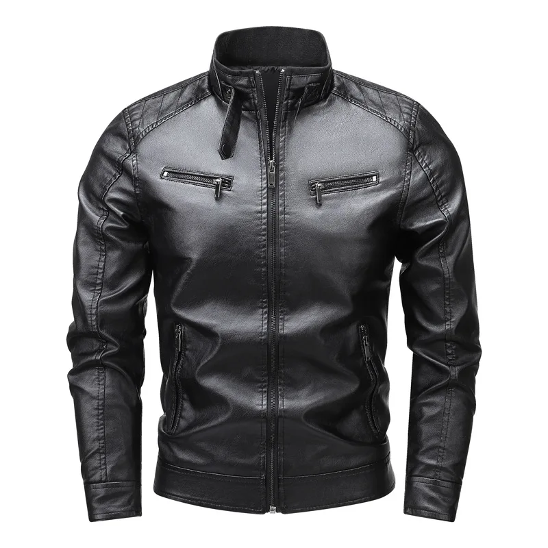 Male Stand Collar Motor Slim Multi Jackets Male Vintage Classic Leather Jacket Men's Jacket Solid Colors Pockets Leather Jackets