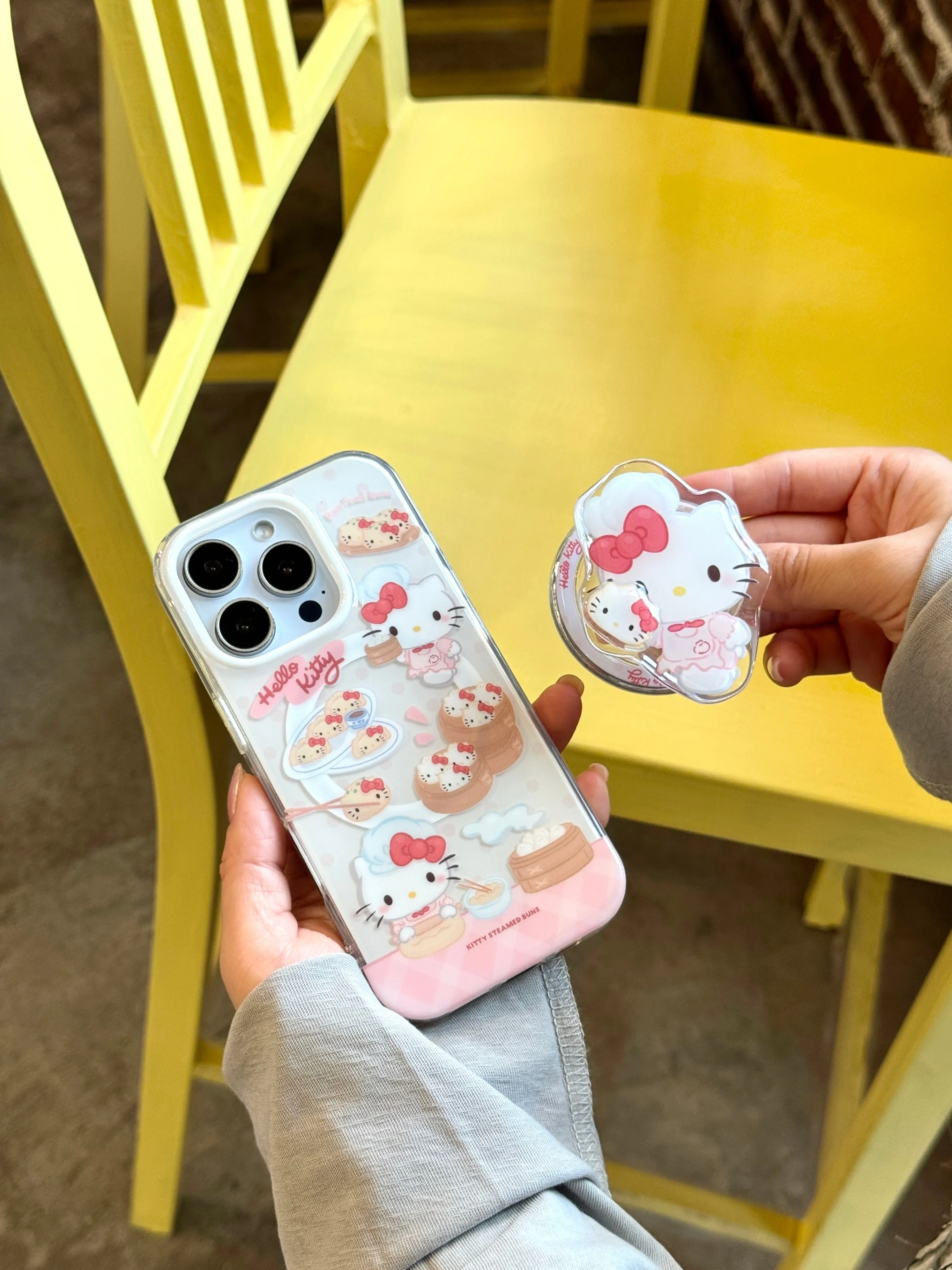 Cute Hello Kitty Dim Sum Phone Case With Matching PopSocket For iPhone 14/15/16/17, Kawaii Pink Clear Shockproof Protective Cove