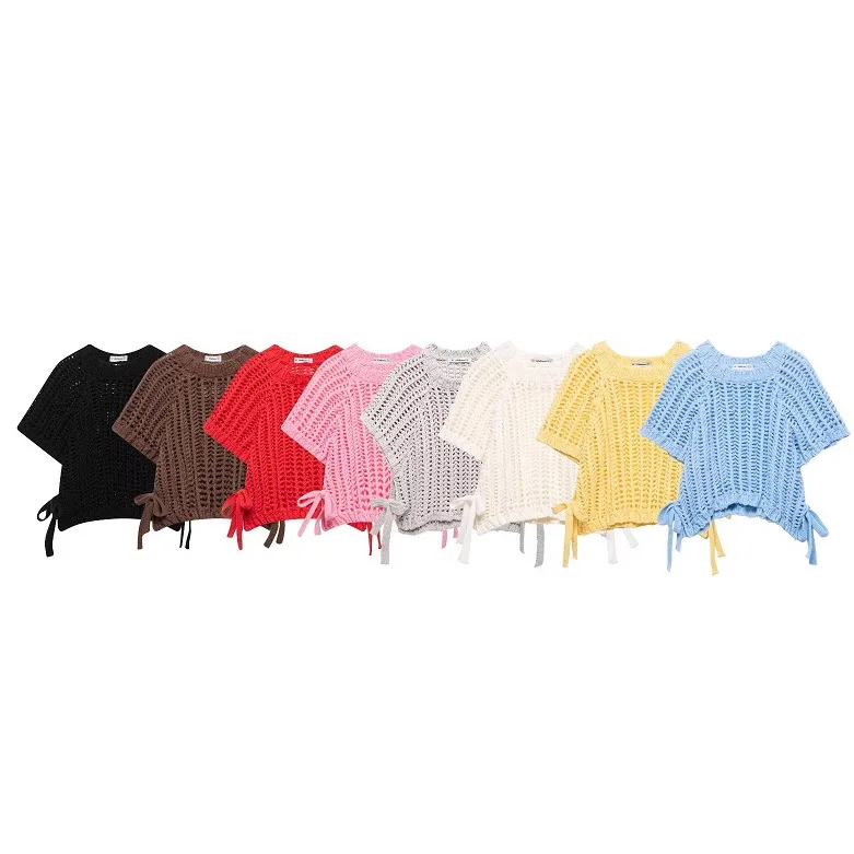 

2025 New Women Hollow Out Multi Colored Knit Bodysuit Casual Lace Up Bow Strappy Solid Color Summer Vacation Beach Knitwear Top