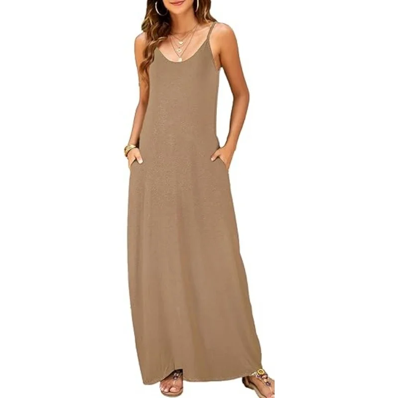 

2025Women's Summer Maxi Dress Casual V-Neck Sleeveless Bohemian Spaghetti Straps Floral Long Skirt Pockets