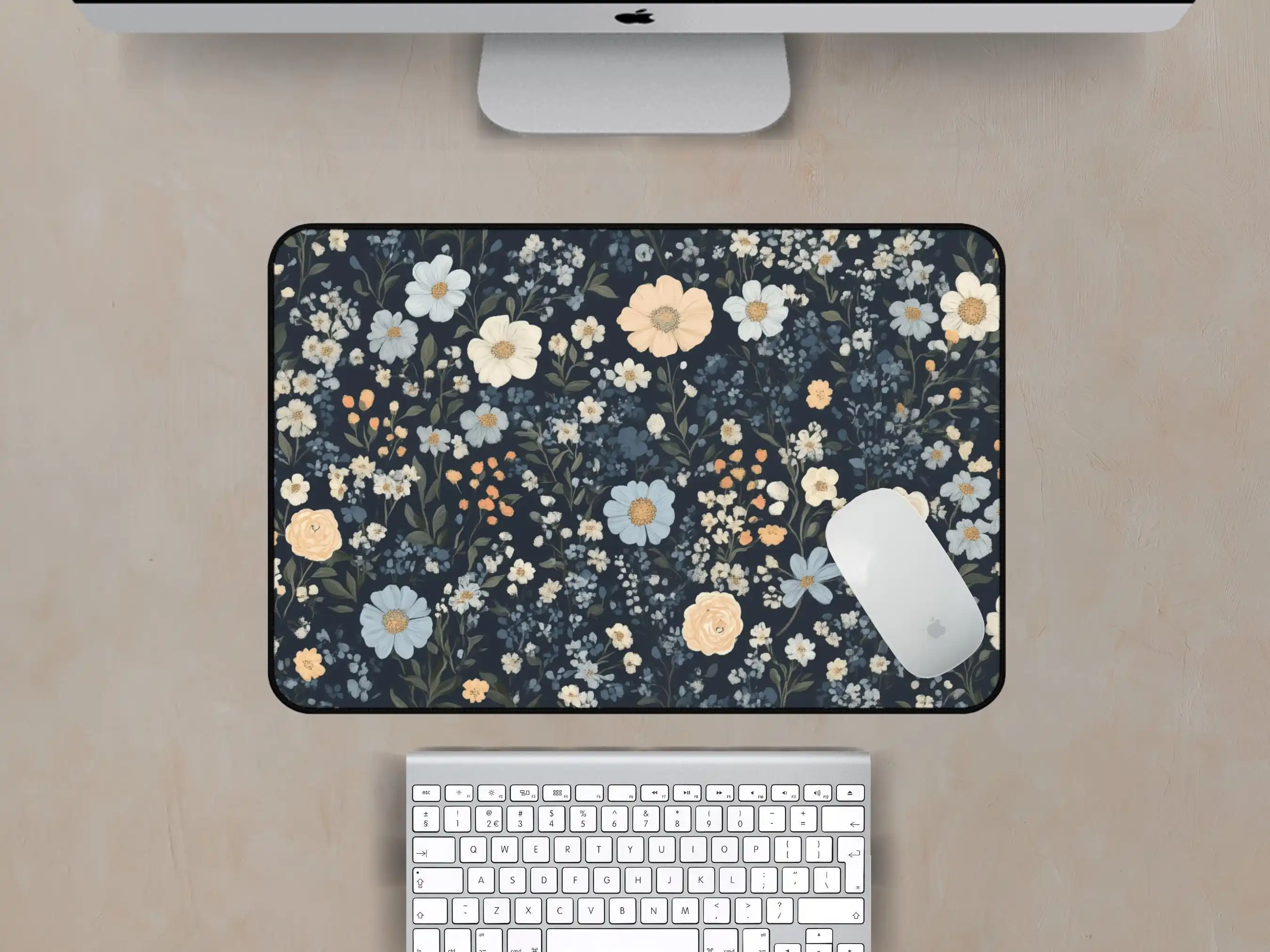 Napperon floral bleu foncé, tapis de souris floral, tapis de bureau floral végétal, tapis de décoration de bureau de jeu, un cadeau parfait pour les amis.