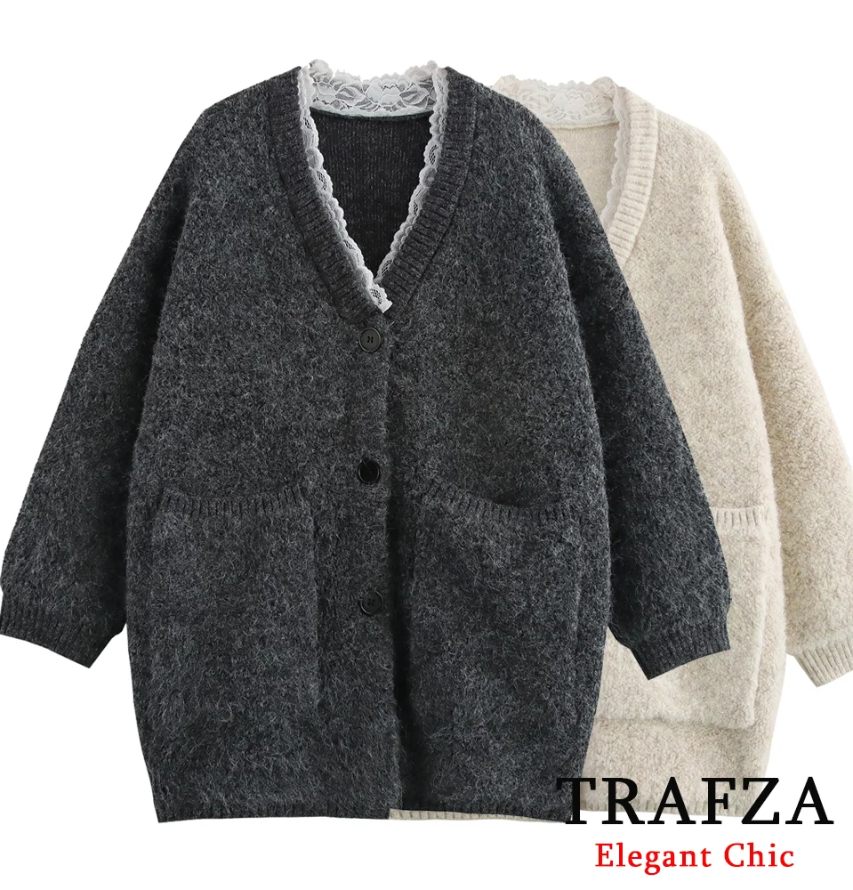 TRAFZA-Women Casual Knit Cardigan Sweater Thicken Lace-Edge Loose Sweater New 2024 Fashion Fall Winter Simple Versatile Cardigan