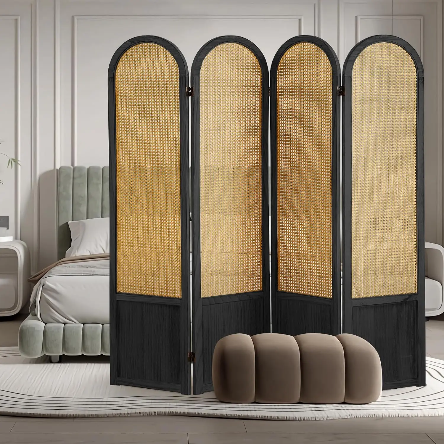 4 Panel Rattan Room Divider with Bi-Directional Hinge, Pre-Assembled Wood Folding Privacy Screen for Home Office Bedroom, Custom
