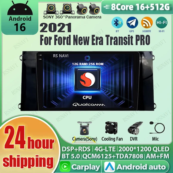 Radio para Auto con Android 16 y Carplay Inalámbrico para Ford Transit PRO 2021, 16G - 512G, Reproductor Estéreo, GPS, WIFI+4G, DSP Qualcomm