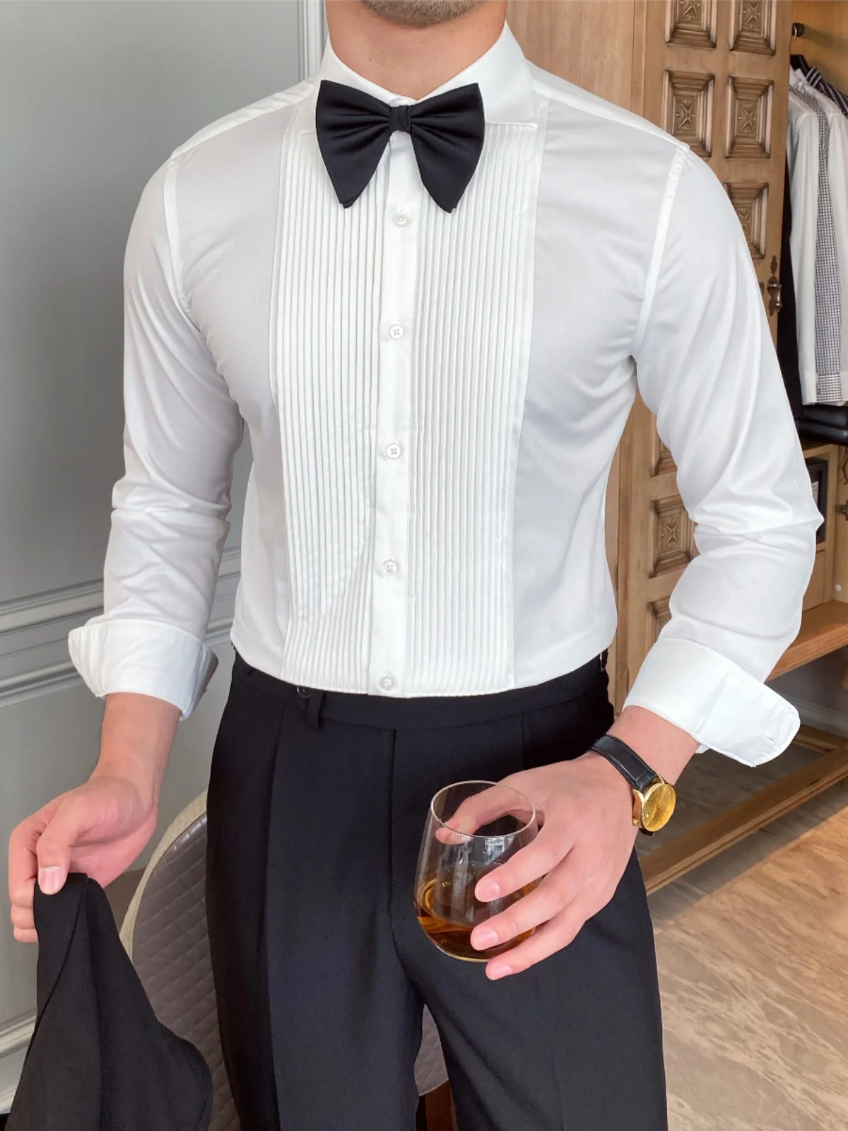 High-End Banquet Host All Match Dress White Long-Sleeved Shirt Men's British Petty Bourgeoisie Light Luxury Shirt Fashion