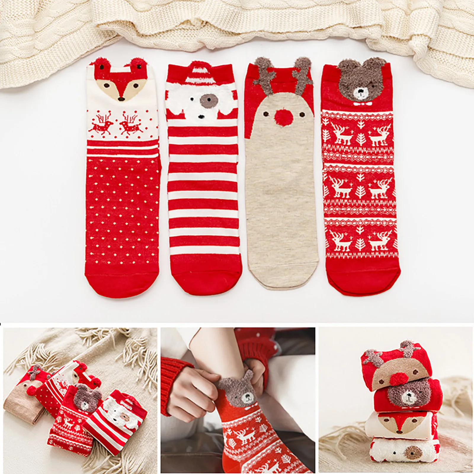 4pcs 2024 New Fashion Christmas Cartoon Cute Socks Gift Box Mid Tube Wnter Women\'S Socks