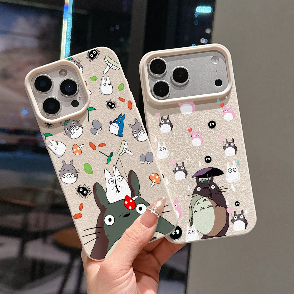 Cute Cartoon Totoros Phone Case for Apple iPhone 17 Air 16 16e 15 14 Plus 13 12 11 Pro Faux Leather Soft Cover