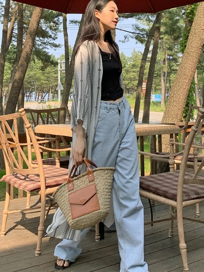 Retro pigro stampa etnica Batwing Sve irt Abito da donna con protezione solare allentata con spacco dal design coreano Faionable Seven-Sve Bl...