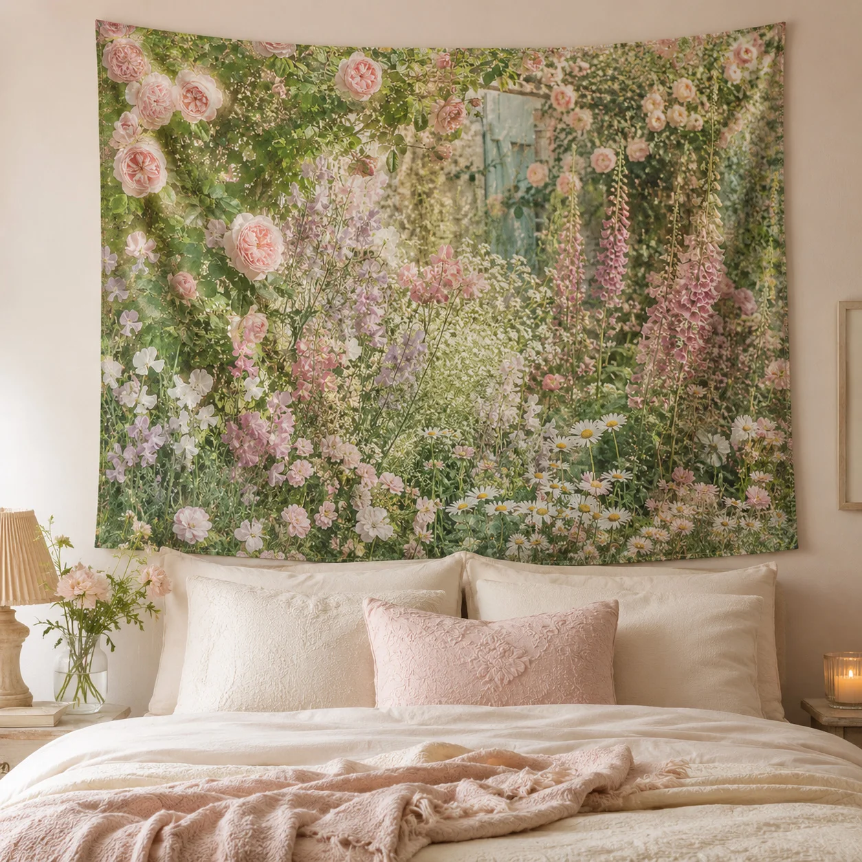 Vintage Pink Rose Tapestry Garden Wall Hanging, Aesthetic Live Background