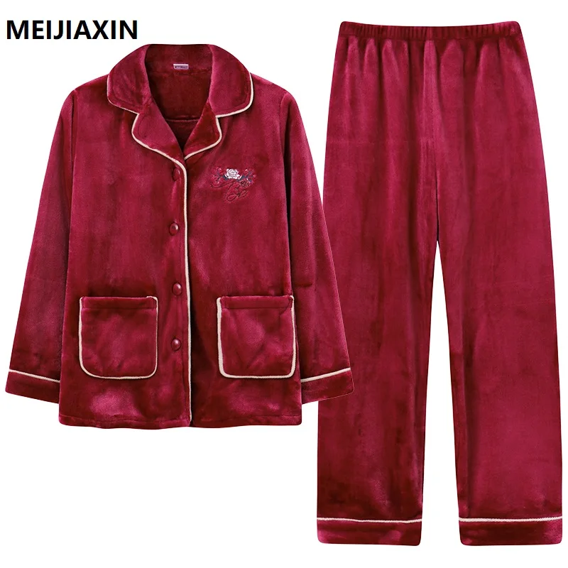 M-3XL Ladies Flannel Sleepwear Winter Thick Warm Women Pajamas Set Long Sleeve Turn-down Collar Female Nightwear