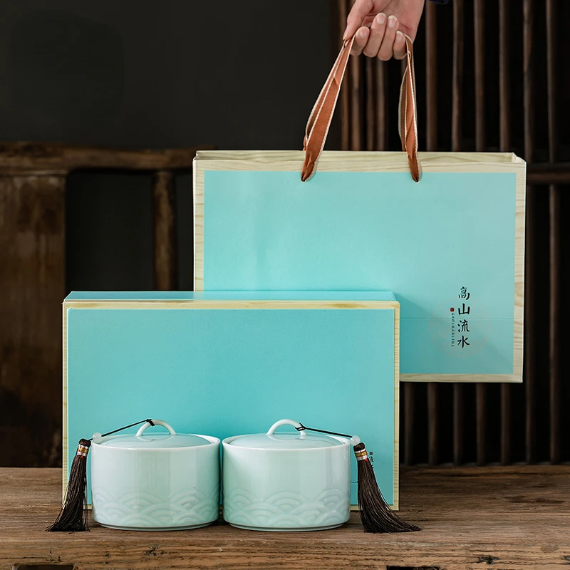 Tea Jar Ceramic Underglaze Color Cyan Double Tall and Short Gift Box Medium Universal Custom Storage Longjing Chinese Style 2Pcs