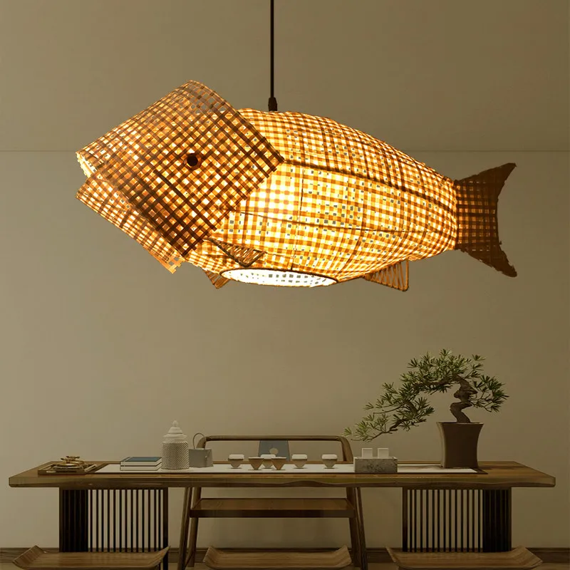 Fish Shaped Pendant Lamp Chinese Creative Personality Tea Room Countryside Restaurant Dining Table Bar Bamboo Woven Chandelier